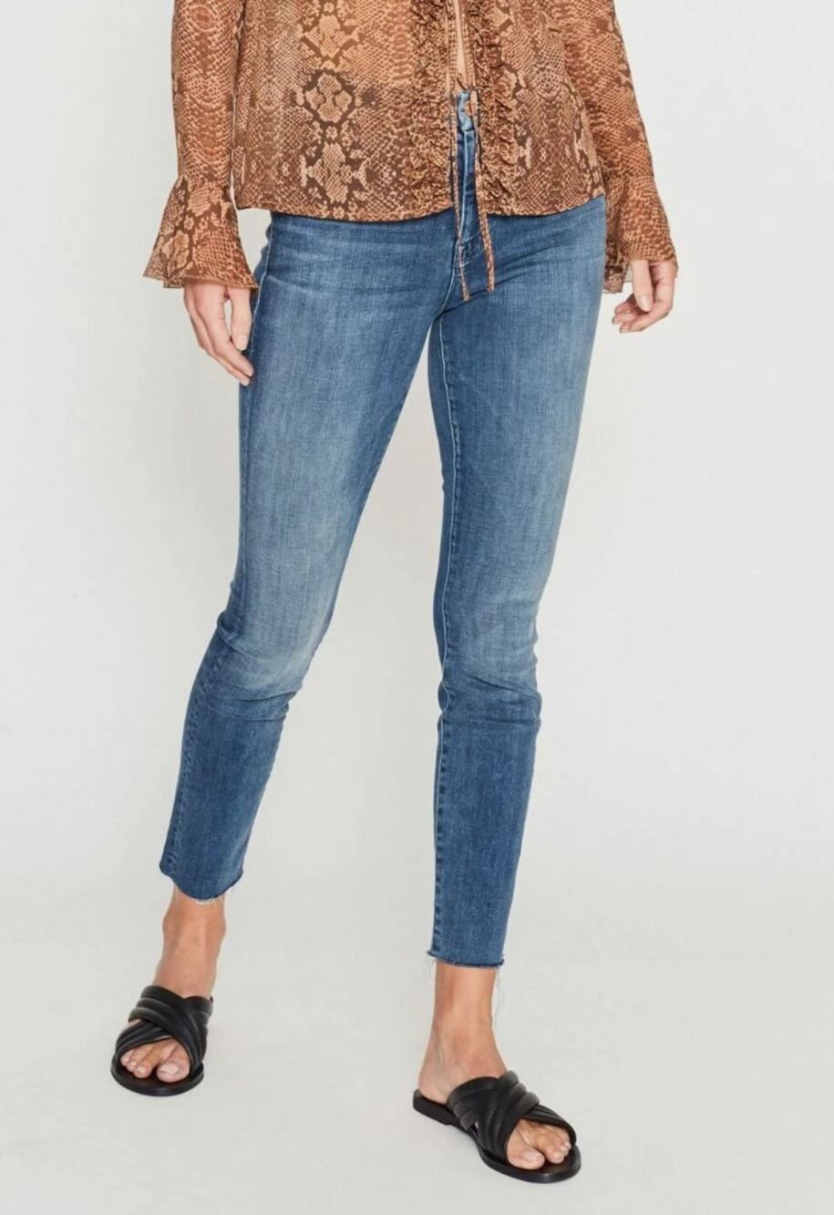 Mother High Waisted Looker Ankle Fray Jeans US 29 Blue Stretch Denim Raw Hem